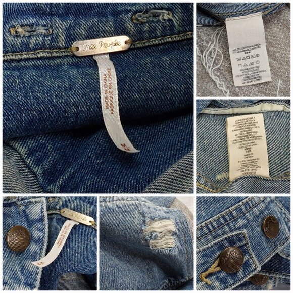 'FREE PEOPLE' DISTRESSED DENIM JACKET TEXTURE SLEEVE VINTAGE - Picture 12 of 16